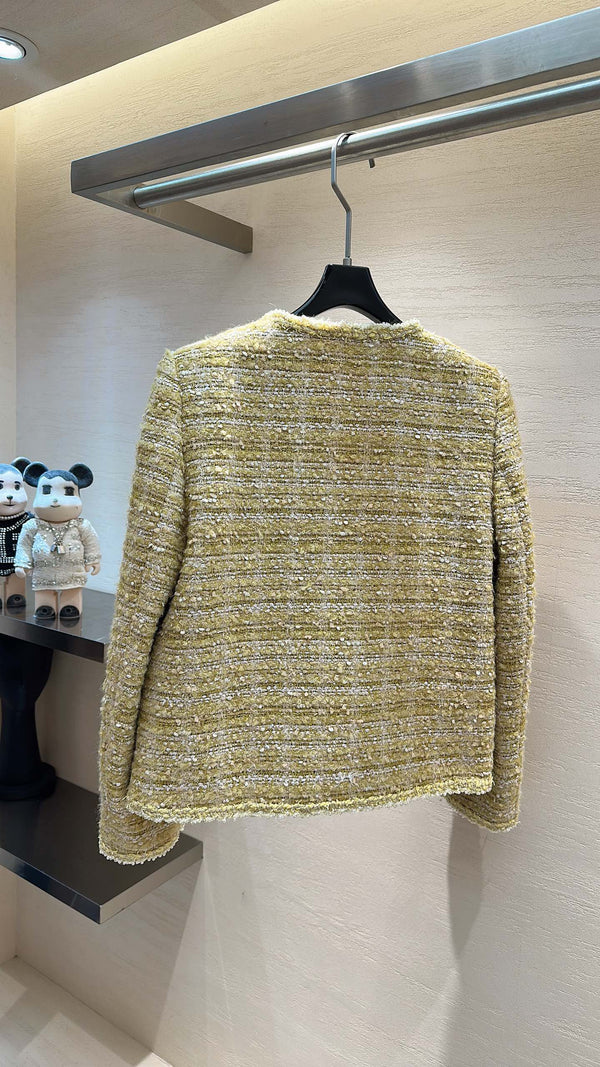 CC Round-Neck Jacket Pearl Buttons Yellow Tweed 415582