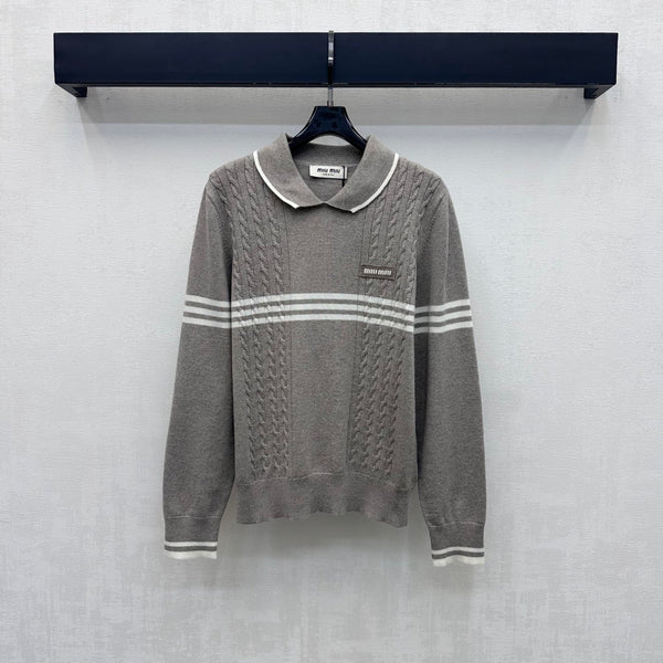 Miu Knit Polo Sweater White Stripes Black Wool 418690
