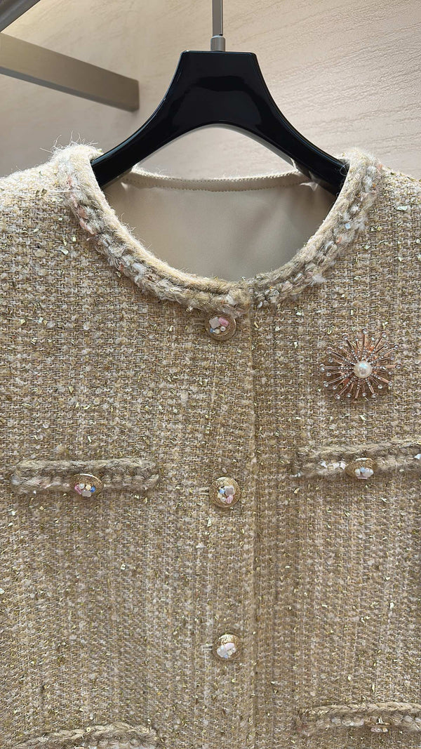 CC Sunflower Brooch Fringe Jacket Light Gold Tweed 415576