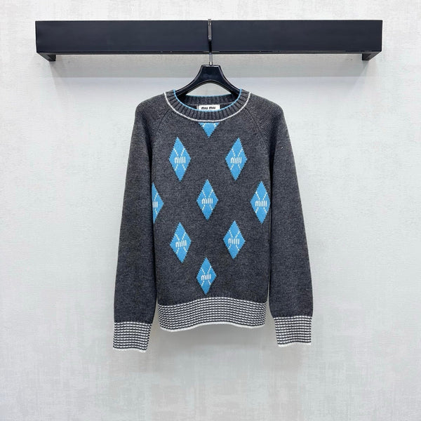 Miu Knit Sweater Blue Diamond Argyle Black Wool 418667