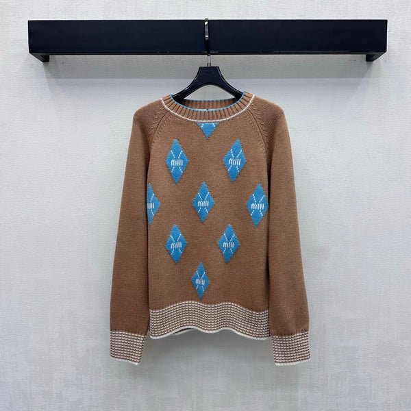 Miu Knit Sweater Blue Diamond Argyle Black Wool 418667