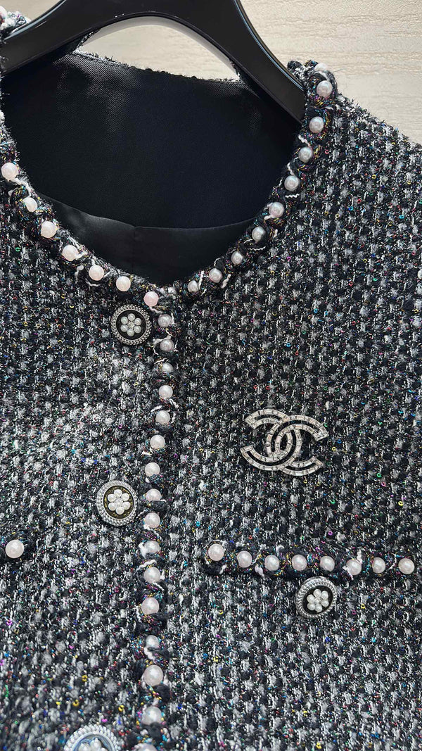 CC Vest Jacket Pearl Chain Trim Black Multicolor Tweed 415605
