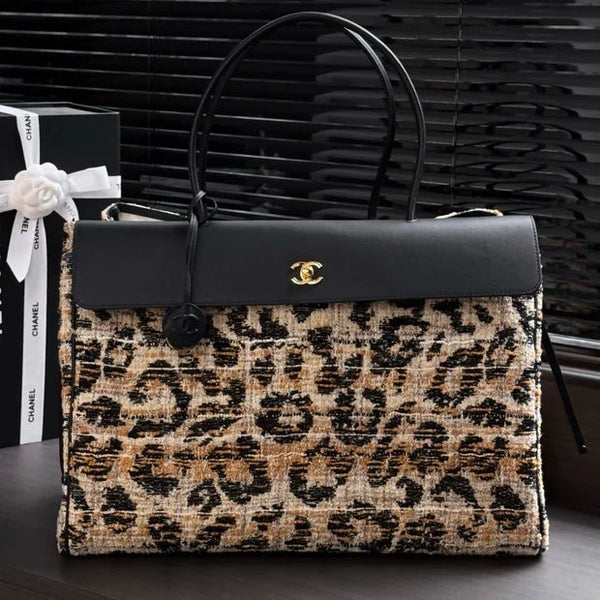 CC 2026 Leopard Print Baguette Bag Tweed Leather