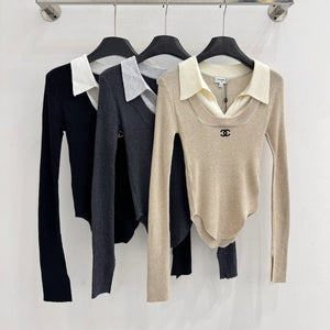CC Collared Knit Top Embroidered Logo Beige Wool 801954