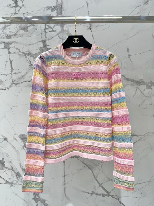 CC Striped Open-Knit Sweater Pastel Tencel 802093