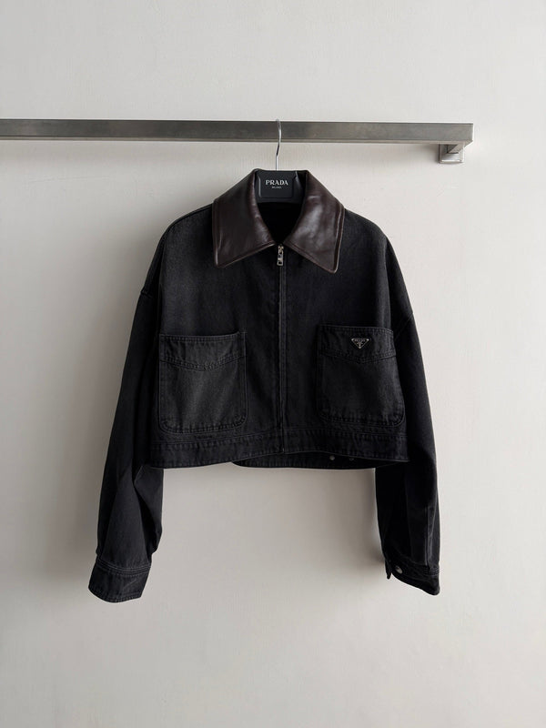 Prad 26FW Cropped Denim Jacket Leather Collar Cotton 447225