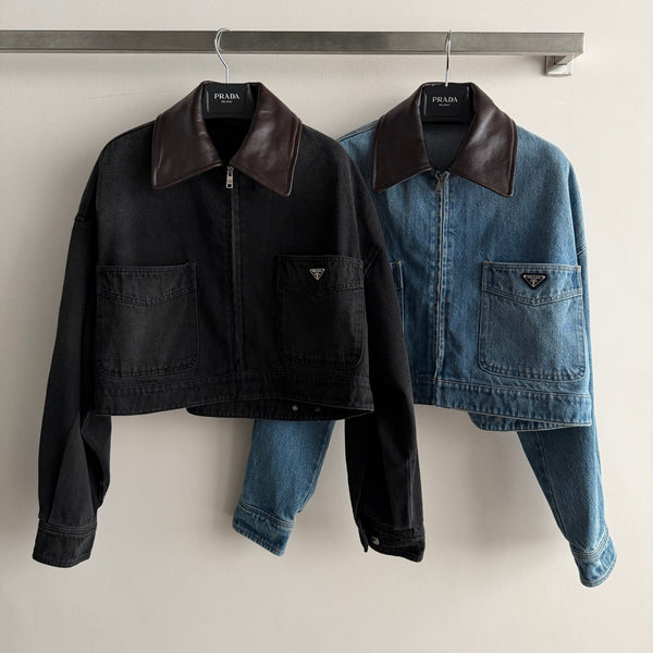 Prad 26FW Cropped Denim Jacket Leather Collar Cotton 447225