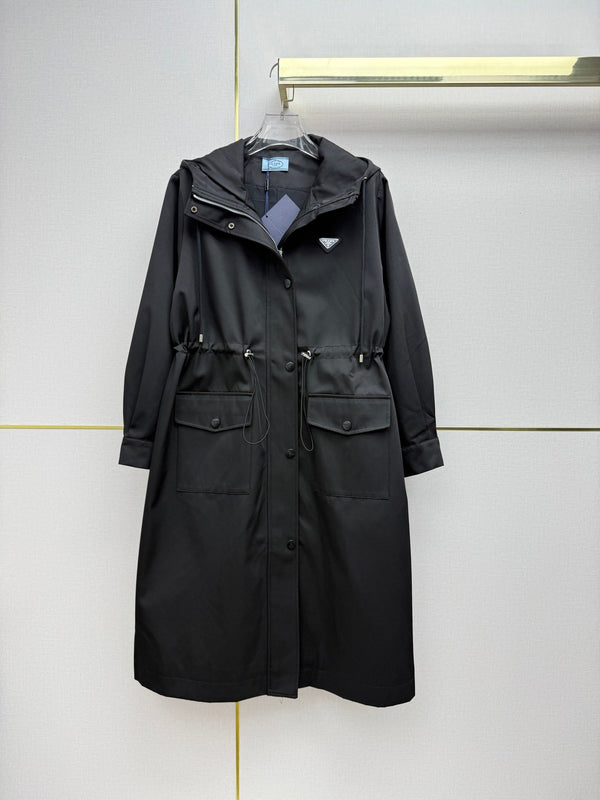 Prad 26SS Hooded Long Trench Coat Triangle Logo Drawstring Waist Cotton 437675