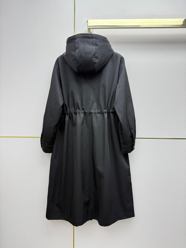 Prad 26SS Hooded Long Trench Coat Triangle Logo Drawstring Waist Cotton 437675