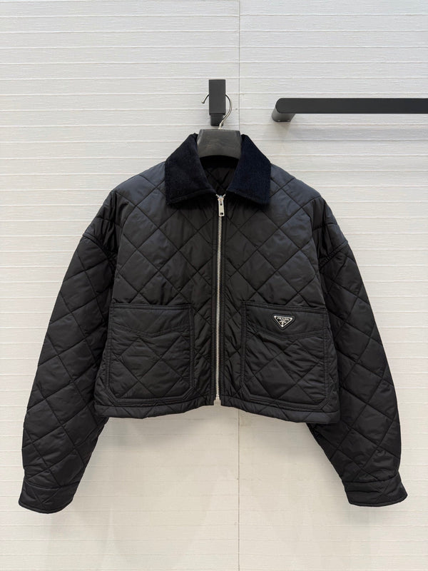 Prad 26FW Diamond-Quilted Cropped Jacket Corduroy Collar Polyester 440516