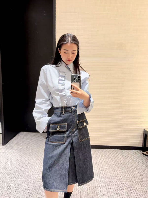 CC 26FW High-Waisted Slit Denim Skirt Double-C Pocket Detail Blue Cotton 441481