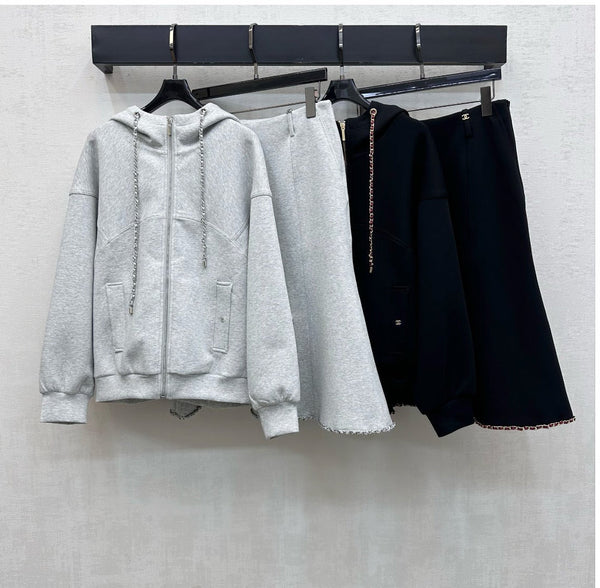 CC 26s Hooded Jacket Skirt Set Cotton Blend Chain Trim 442116