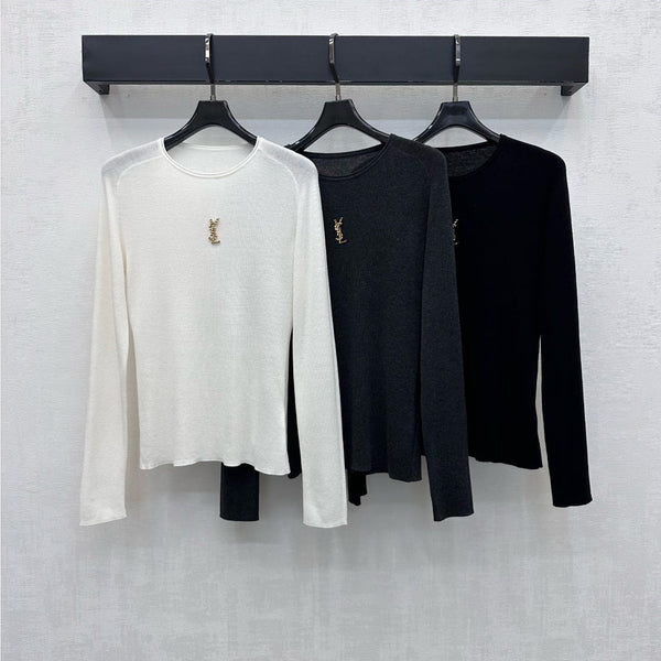 YSL 26K Ribbed Knit Long Sleeve Top Crew Neck Gold Logo 448243