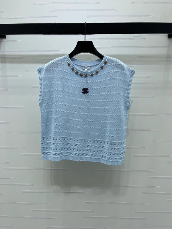 Chanel 2026 Gilet sans manches en tricot ajouré coton bleu et blanc 359840