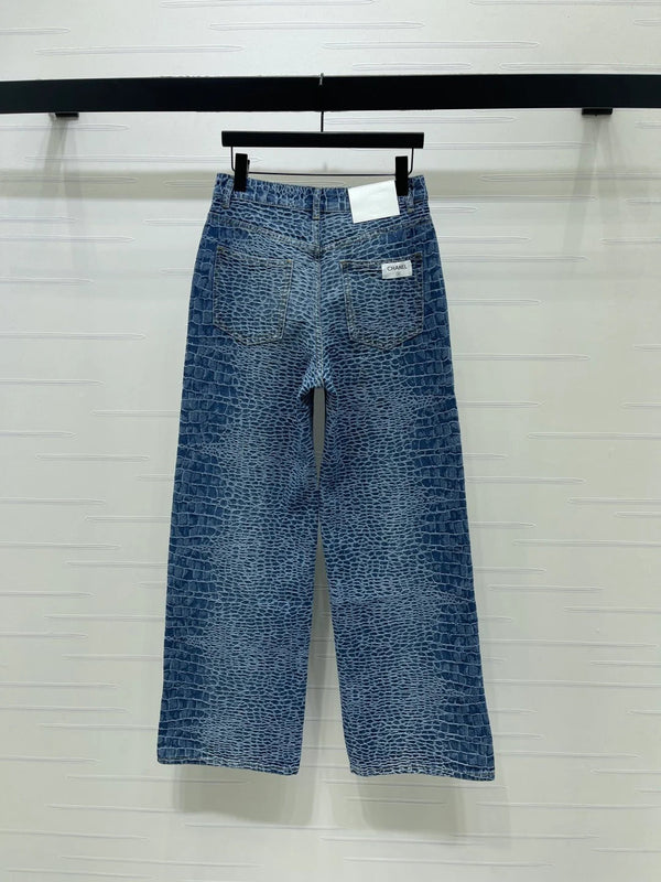 Chanel 2026 Jean Taille Haute Bleu Coton Imprimé Croco 363373