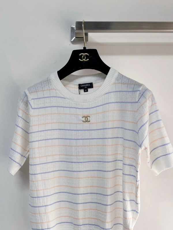 T-shirt manches courtes Chanel 2026 Vert Blanc Cachemire Laine 149440