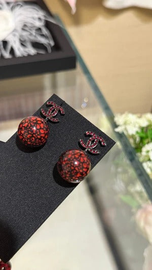 CC Double C Deep Red and Black Resin Ball Earrings