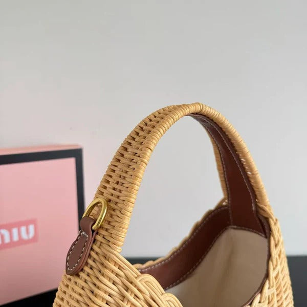 MIU MIU Wander Wicker Hobo Bag in Tan Raffia
