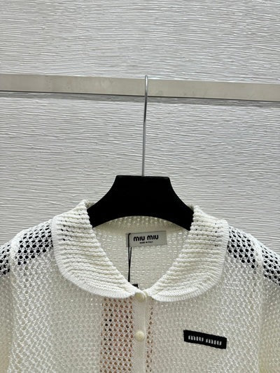 Miu 2026 Hollow-Out Collar Knitted Short-Sleeve Cardigan 341442