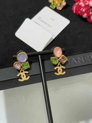 Boucles d'oreilles style perle de verre AB double C, diamantées, dorées, gemmes, collection CC 2026