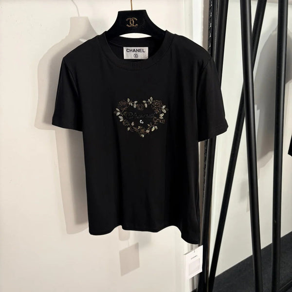 Chanel 2026 Rose Heart Embroidered T-shirt White Black Cotton 150138