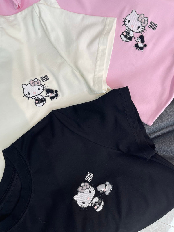 T-shirt à manches courtes brodé Miumiu 2026 Hello Kitty en coton 346491