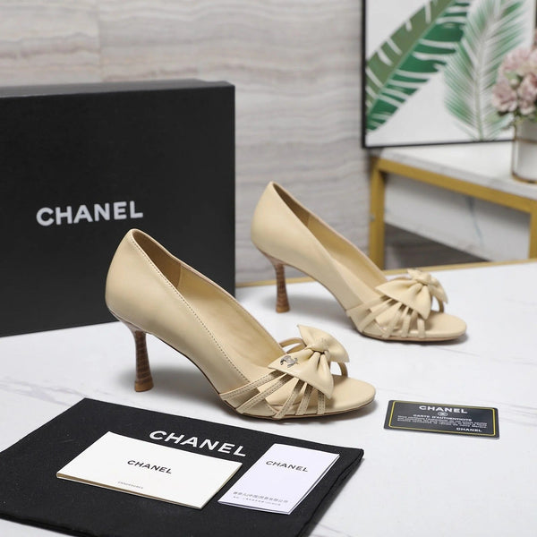CC 2026 Bow Strappy High-Heeled Peep Toe Sandals Beige Cowhide 758432