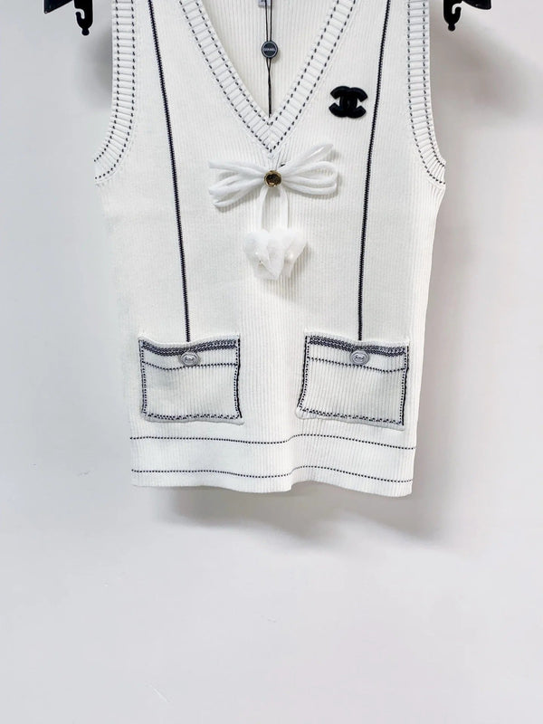 Gilet col en V nœud Chanel 2026 Laine blanche 212271