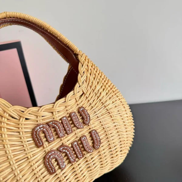 MIU MIU Wander Wicker Hobo Bag in Tan Raffia