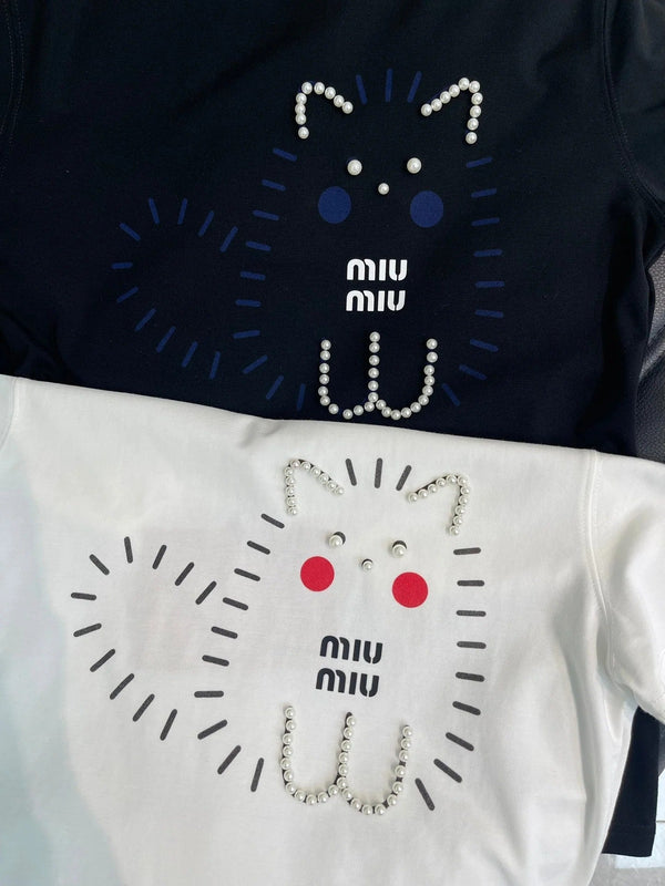 Miumiu 2026 T-shirt Manches Courtes en Coton Perlé Imprimé Chats et Résistant 343406