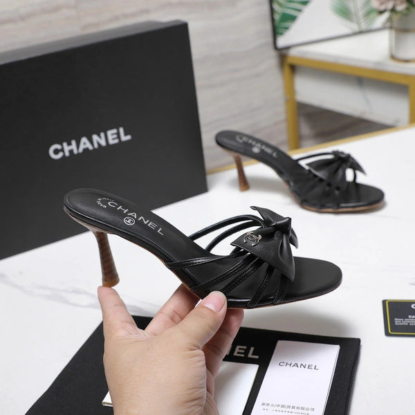 CC 2026 High-heeled Sandals With Delicate Bow 80mm Black Cowhide 758430