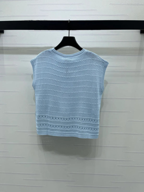Chanel 2026 Gilet sans manches en tricot ajouré coton bleu et blanc 359840
