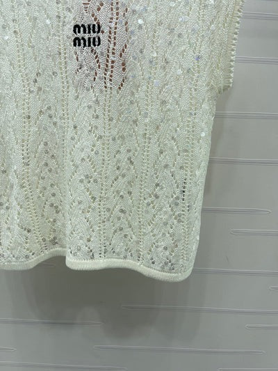 Miu 2026 Sequined Openwork Knit Short-Sleeve Top Wool 375034