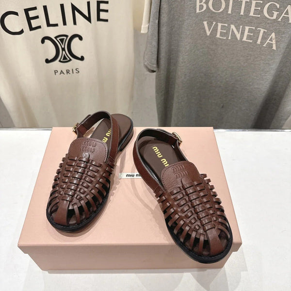 Miumiu 26ss Flat Sandals Brown Woven Cowhide 713122