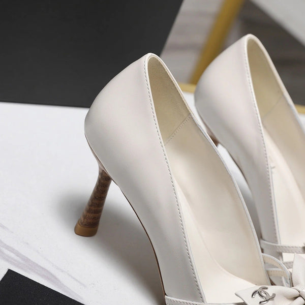 CC 2026 Bow Strappy High-Heeled Peep Toe Sandals White Cowhide 758431