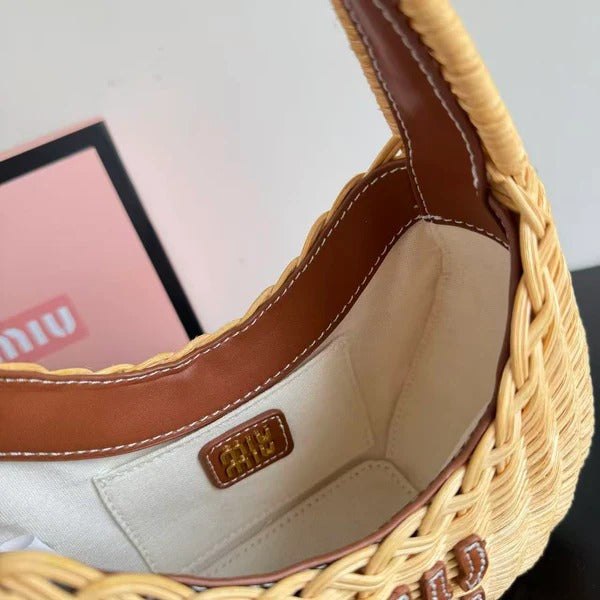 MIU MIU Wander Wicker Hobo Bag in Tan Raffia