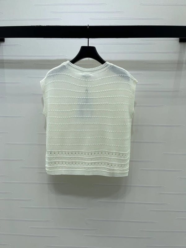 Chanel 2026 Gilet sans manches en tricot ajouré coton bleu et blanc 359840