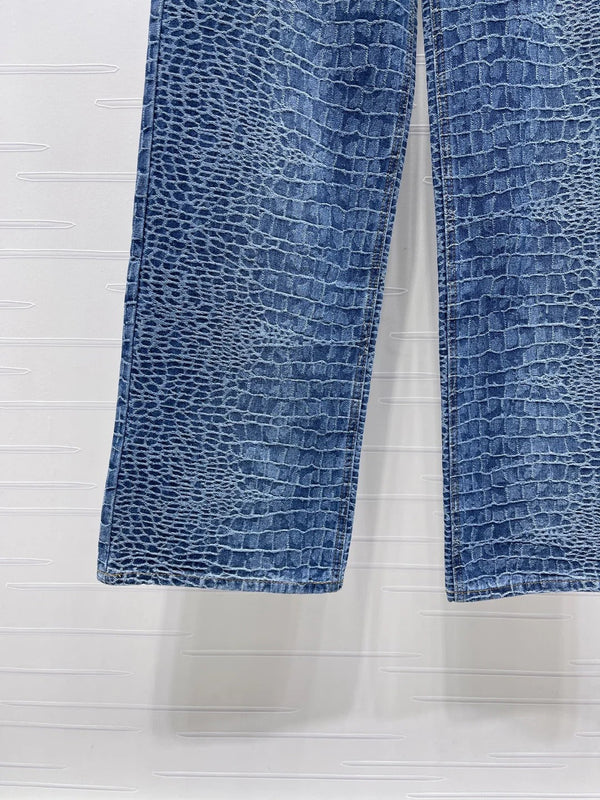 Chanel 2026 Jean Taille Haute Bleu Coton Imprimé Croco 363373