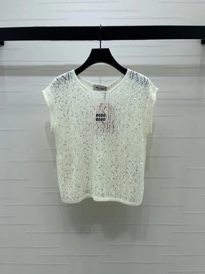 Miu 2026 Sequined Openwork Knit Short-Sleeve Top Wool 375034