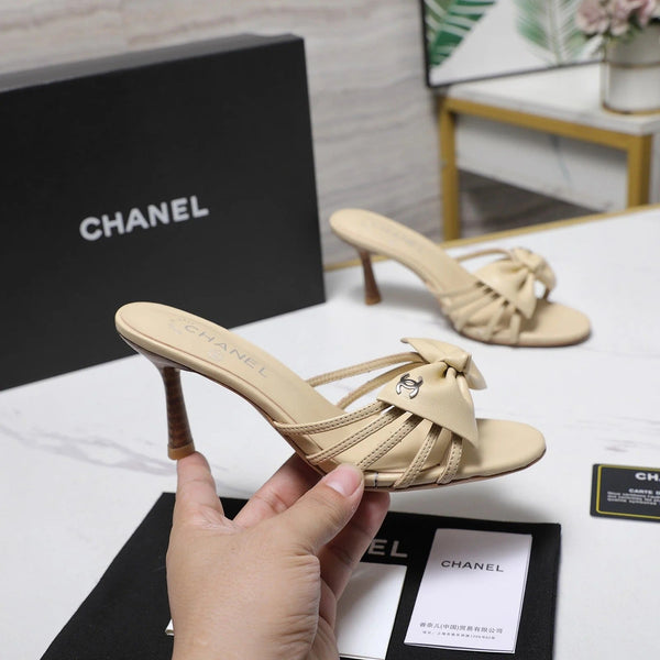 CC 2026 High-heeled Sandals With Delicate Bow 80mm Beige Cowhide 758428