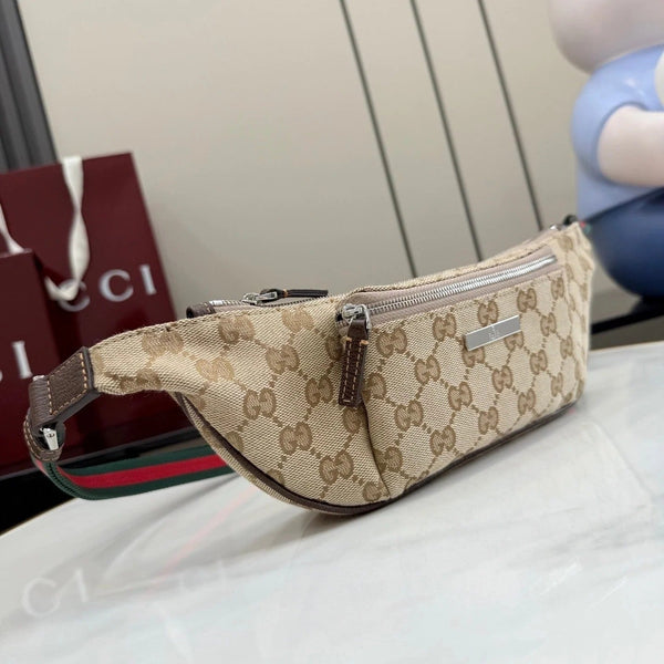 GG 2026 Flatpack Belt Bag 20cm Sand mix Brown Canvas Leather