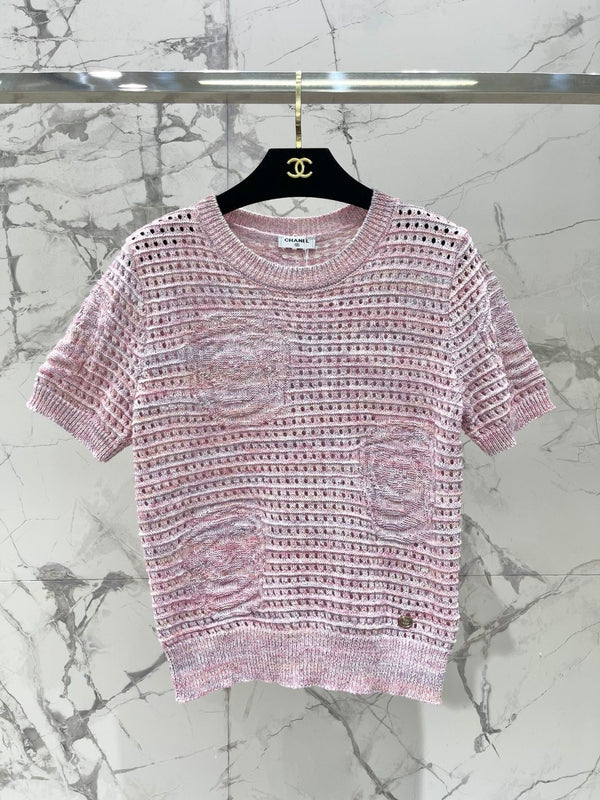 Chanel 2026 Pull en maille ajourée à col rond en laine à manches courtes 178762