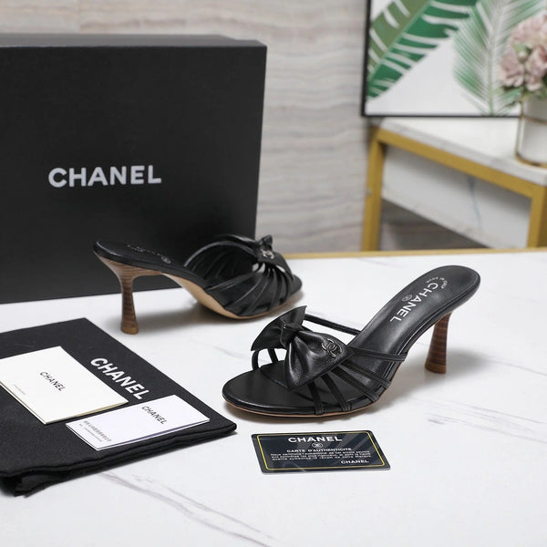 CC 2026 High-heeled Sandals With Delicate Bow 80mm Black Cowhide 758430