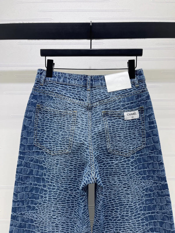 Chanel 2026 Jean Taille Haute Bleu Coton Imprimé Croco 363373