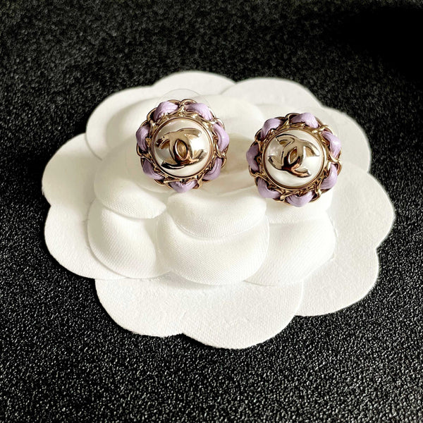 CC Pendant Double C Purple Pearl Gold Earrings