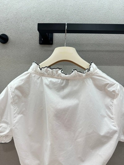 Miu 2026 Ruffled Trim Shirt White Black Cotton 375185