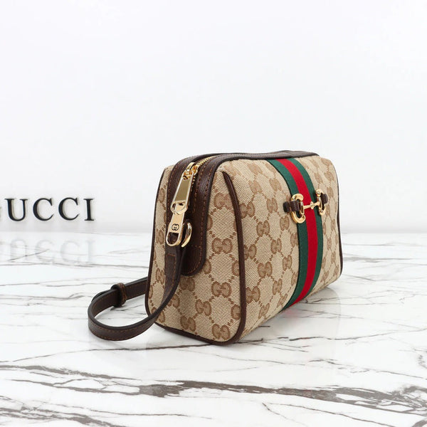GG 2026 Horsebit Web Camera Bag 22cm Sand mix Brown Canvas Leather