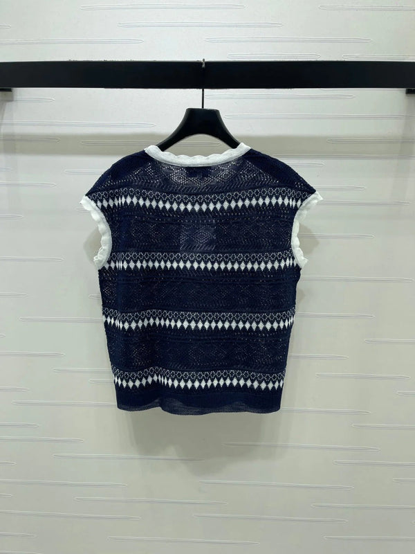 CC 2026 Hollow-out Striped Knit Vest Navy Blue Viscose 677769
