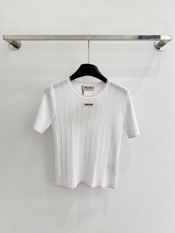 Haut à manches courtes en maille à bordure rose Miumiu 2026 Tencel Nylon 179459