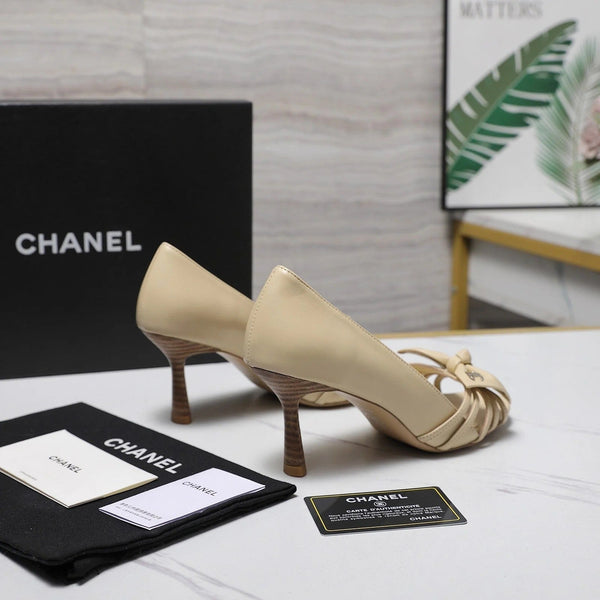 CC 2026 Bow Strappy High-Heeled Peep Toe Sandals Beige Cowhide 758432